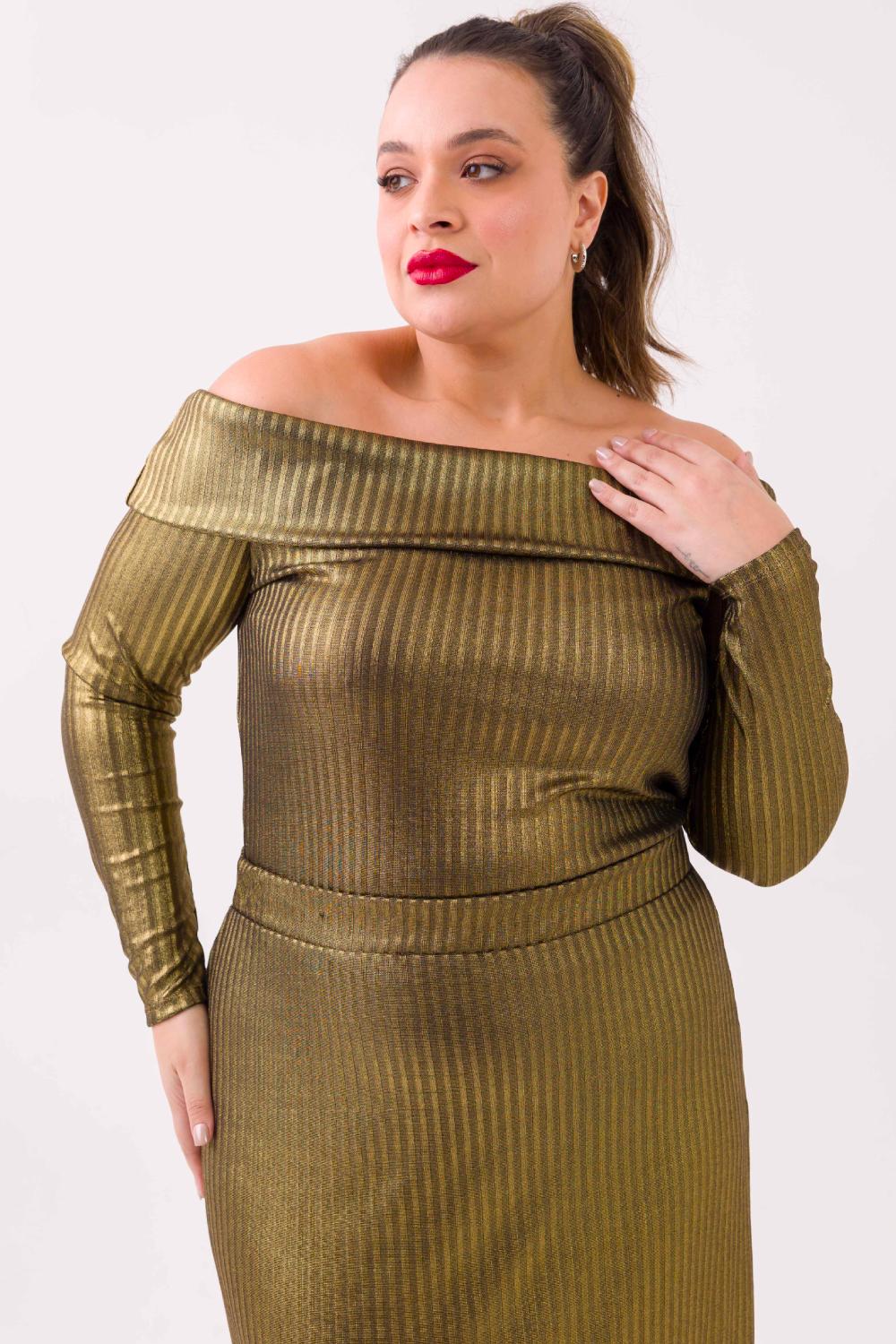 Blusa Plus Size Áurea Canelado Dourado Cess