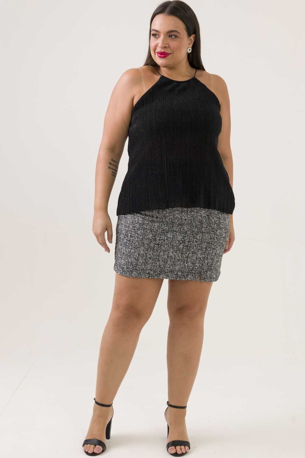 Blusa Regata Plissada Plus Size Petúnia Preta Cess