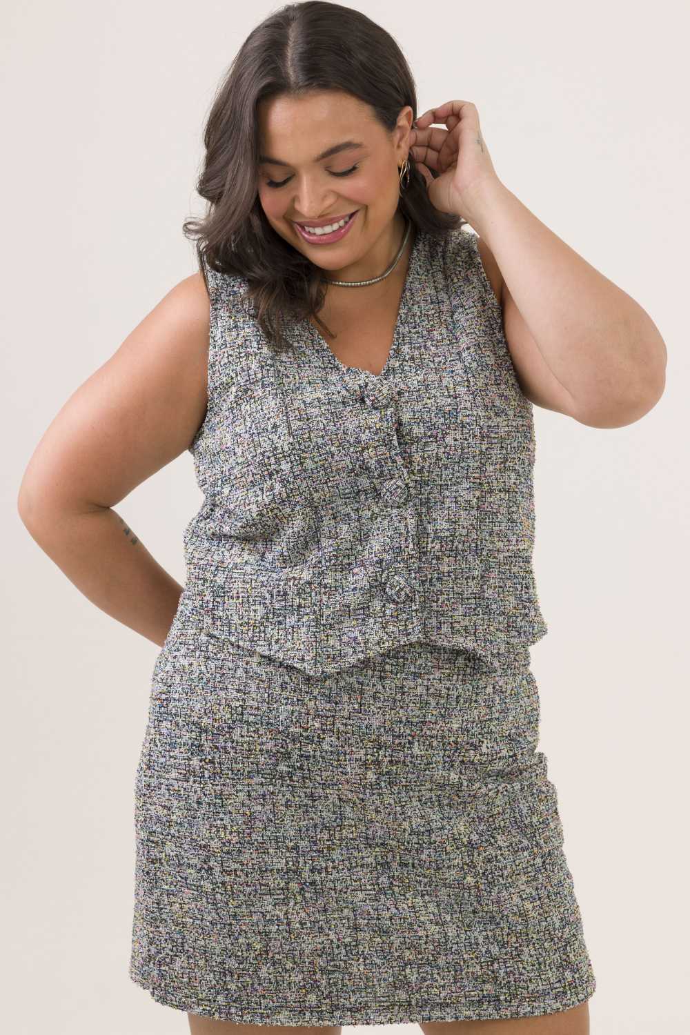 Colete Plus Size Lavanda Tweed Cinza  Cess