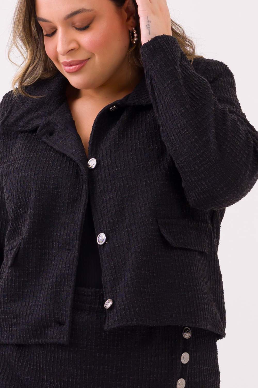 Blazer Plus Size Jessy Tweed Preto Cess