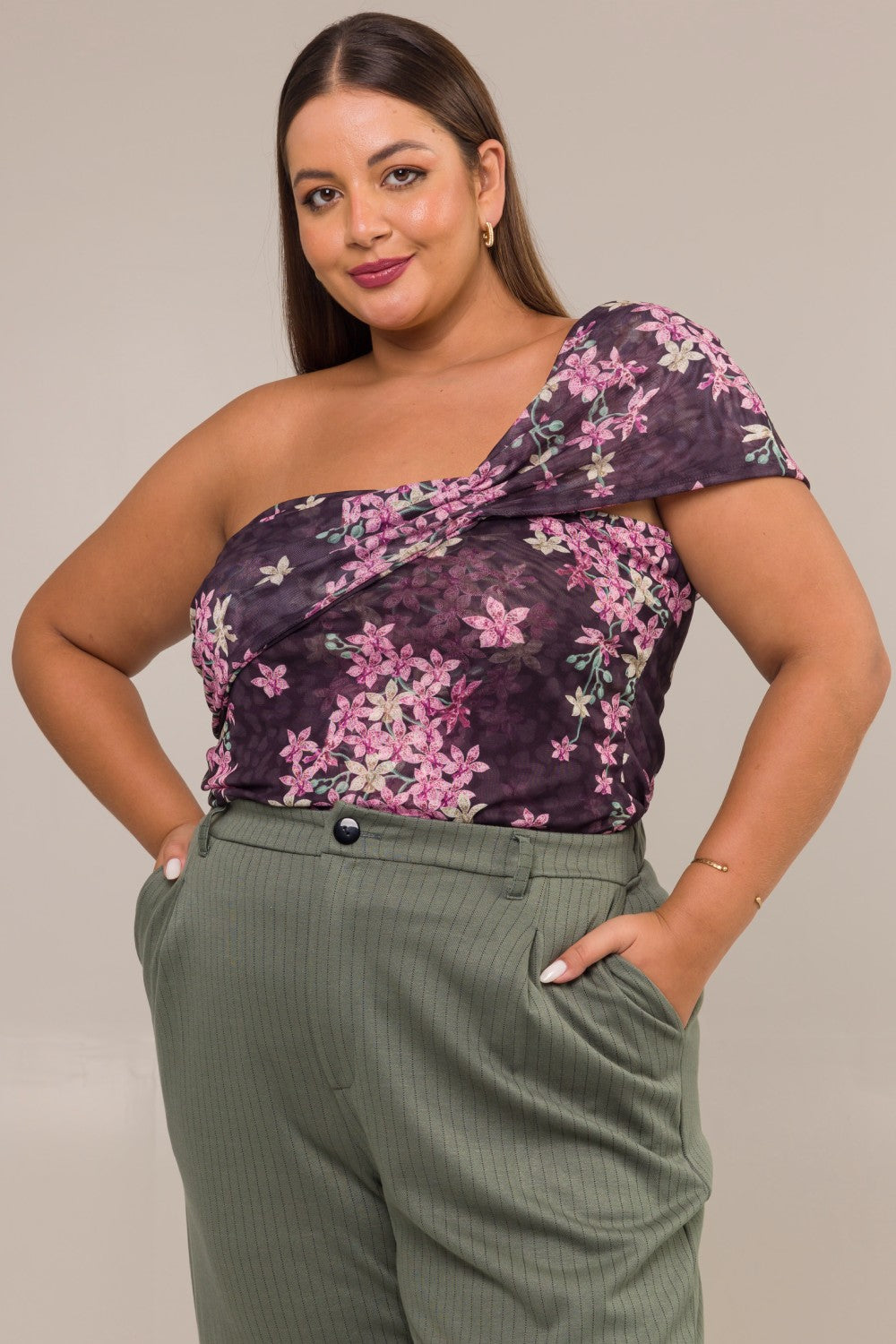 Blusa Um Ombro Só Plus Size Tule Estampado Ansellia Preto Cess