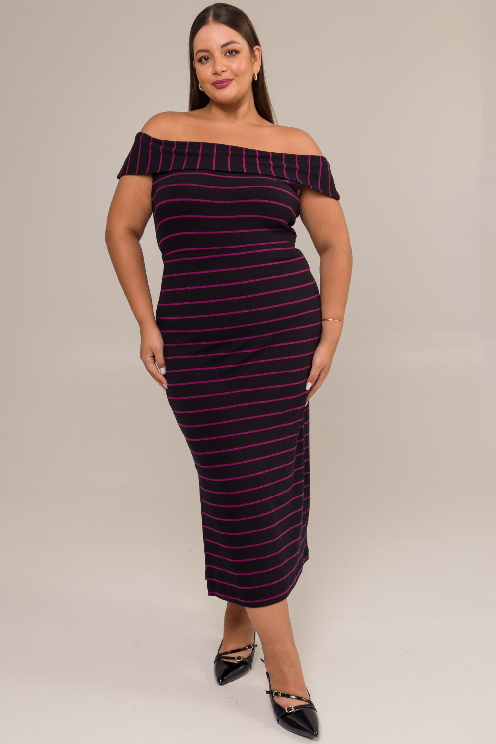 Saia Midi Plus Size Canelada Diana Listras Roxo Cess