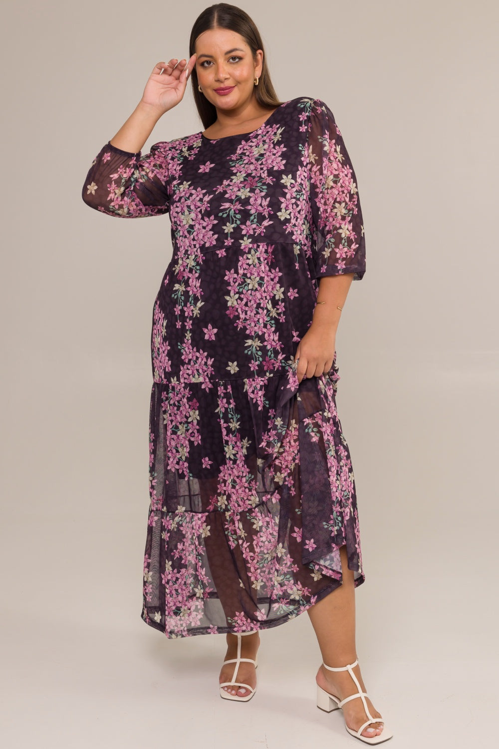 Vestido Midi Plus Size Tule Estampado Ansellia Preto Cess