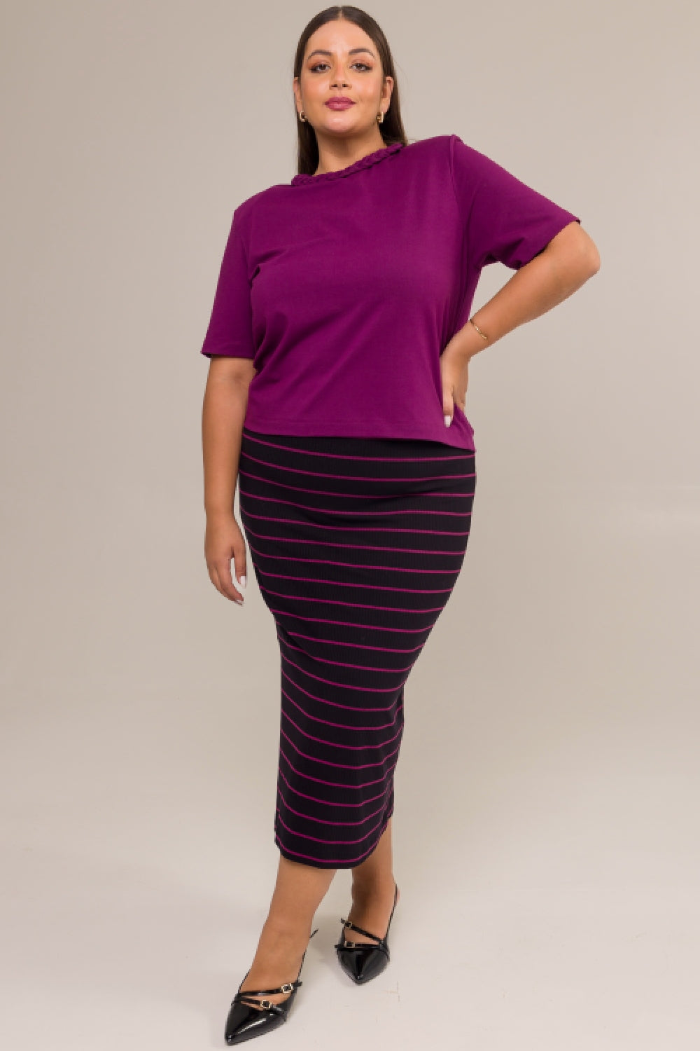 Saia Midi Plus Size Canelada Diana Listras Roxo Cess