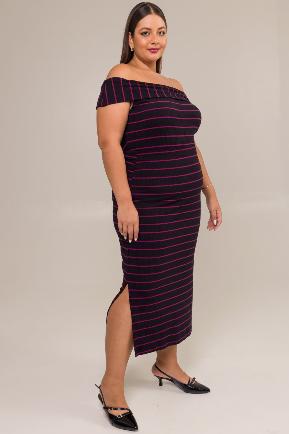 Saia Midi Plus Size Canelada Diana Listras Roxo Cess