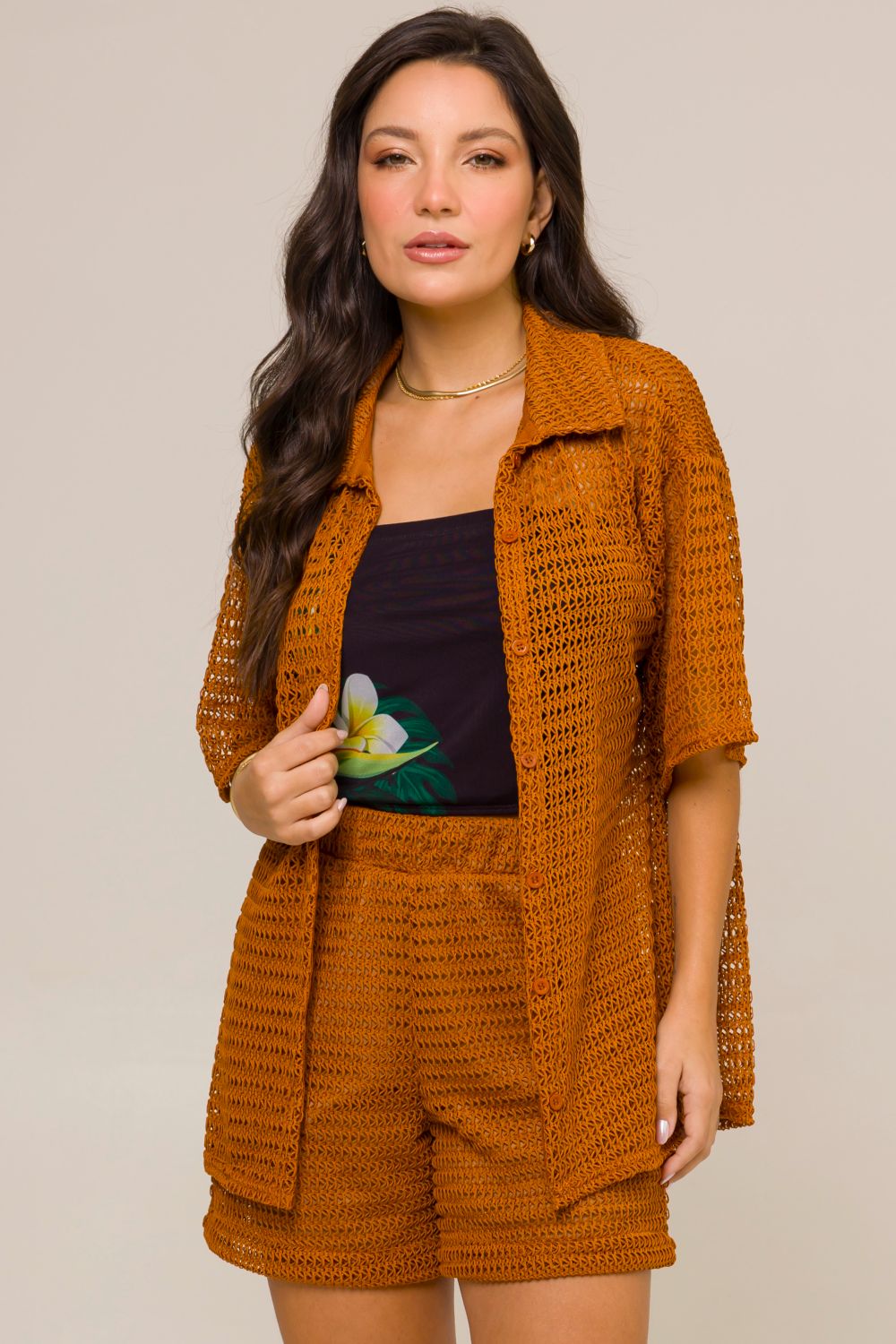 Camisa Camélia em Tricot Ocre Cess