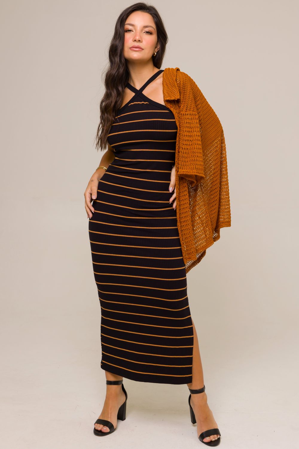 Vestido Midi Plus Size Sheila Canelado Listrado com Fenda Cess