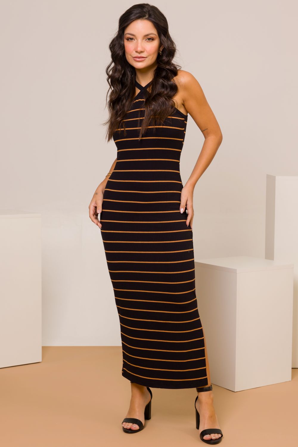 Vestido Midi Sheila Canelado Listrado com Fenda Cess