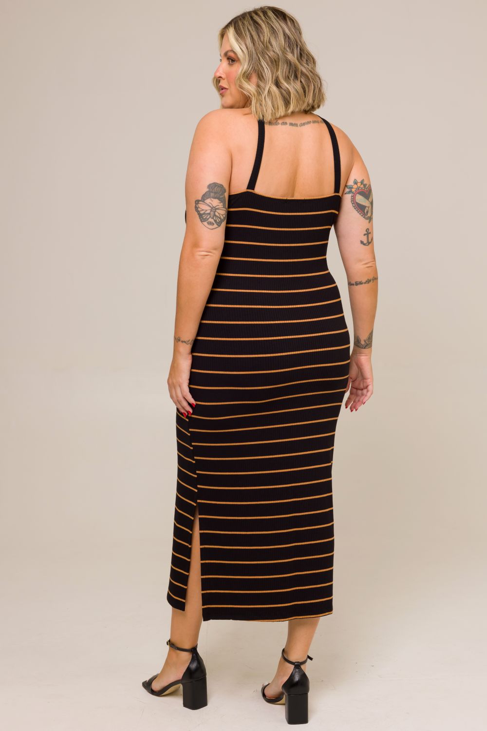 Vestido Midi Plus Size Sheila Canelado Listrado com Fenda Cess