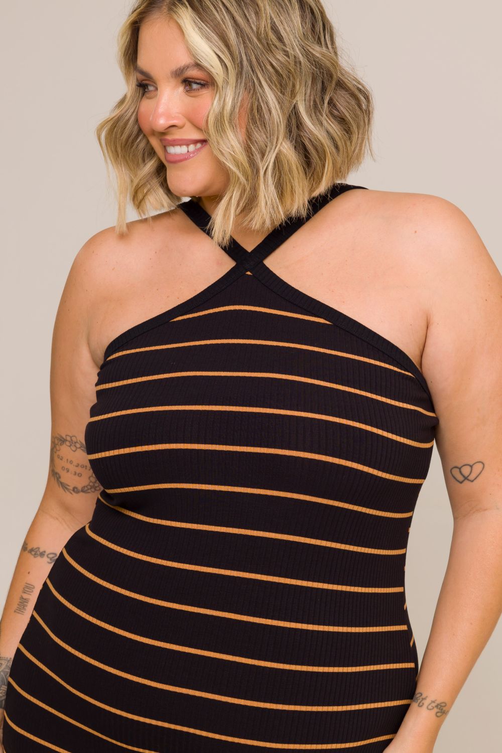 Vestido Midi Plus Size Sheila Canelado Listrado com Fenda Cess