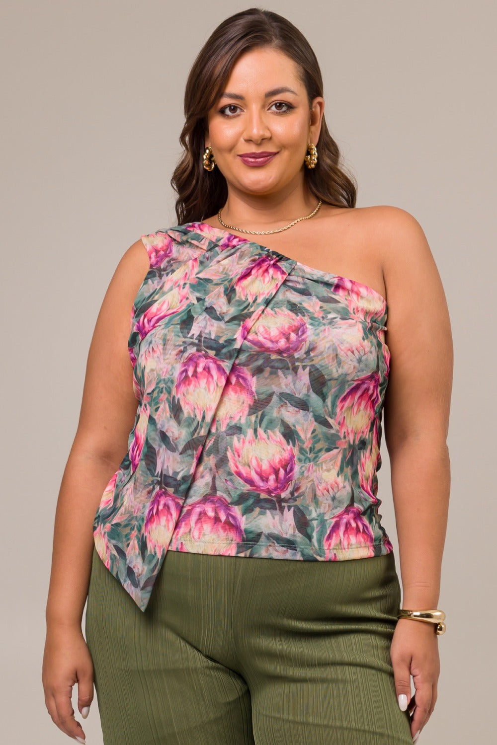 Blusa Um Ombro Plus Size Tule Estampa Proteas Cess