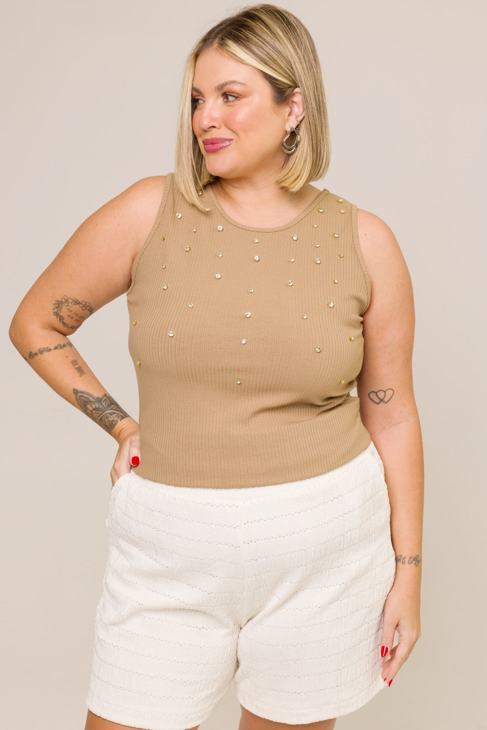 Regata Plus Size Canelado com Strass Júlia Bege Cess