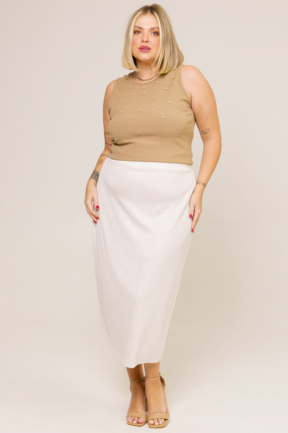 Regata Plus Size Canelado com Strass Júlia Bege Cess