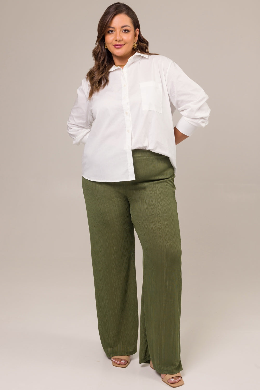 Calça Pantalona Plus Size Jade Malha Plissada Verde Cess