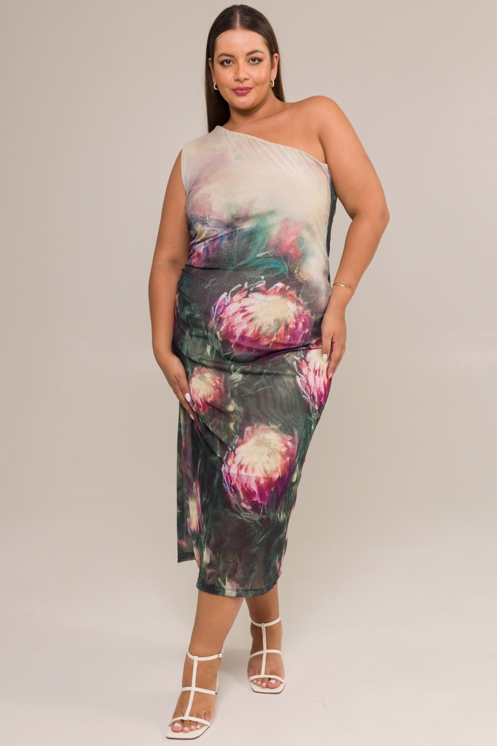 Vestido Midi Um Ombro Plus Size Tule Estampado Proteas Cess