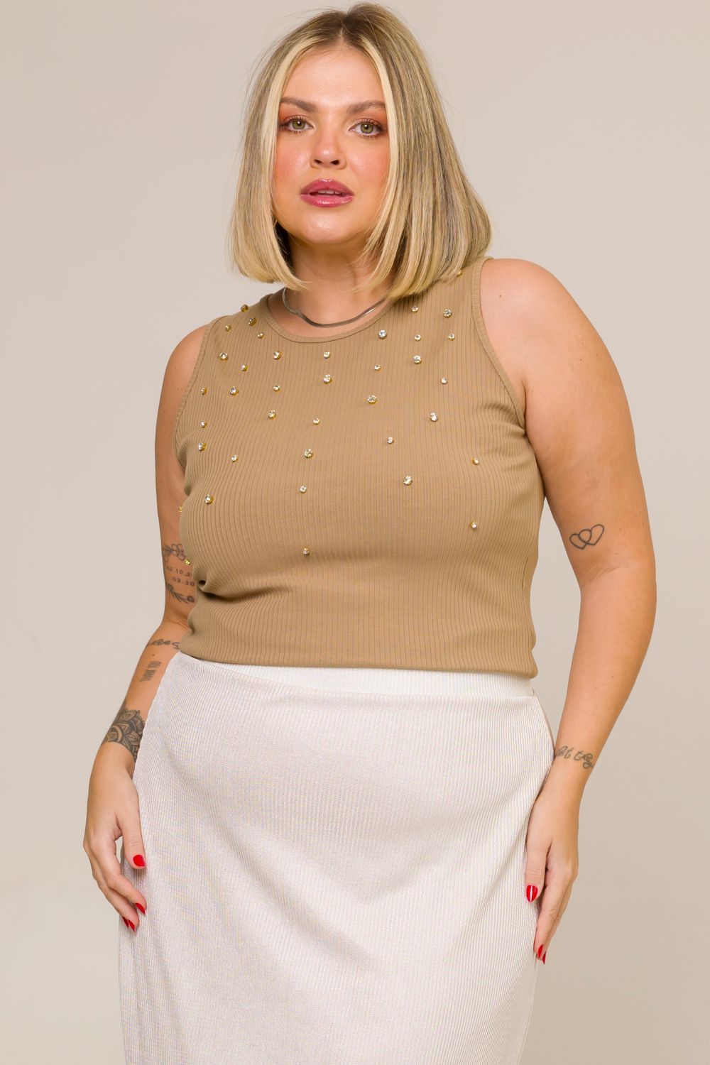 Regata Plus Size Canelado com Strass Júlia Bege Cess