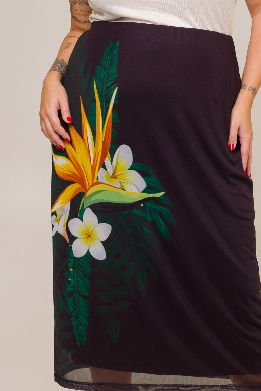 Saia Midi Plus Size Elis Tule Estampado Cess