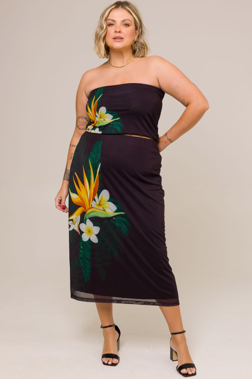 Saia Midi Plus Size Elis Tule Estampado Cess