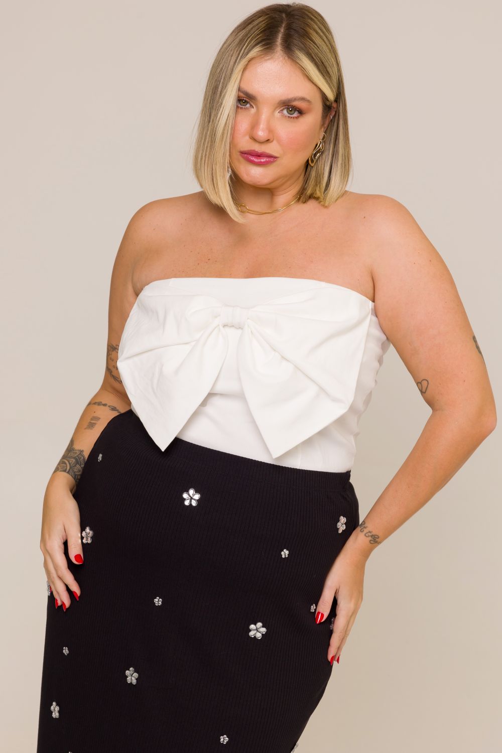 Blusa Tomara que Caia Plus Size Laço Flora Branco Cess