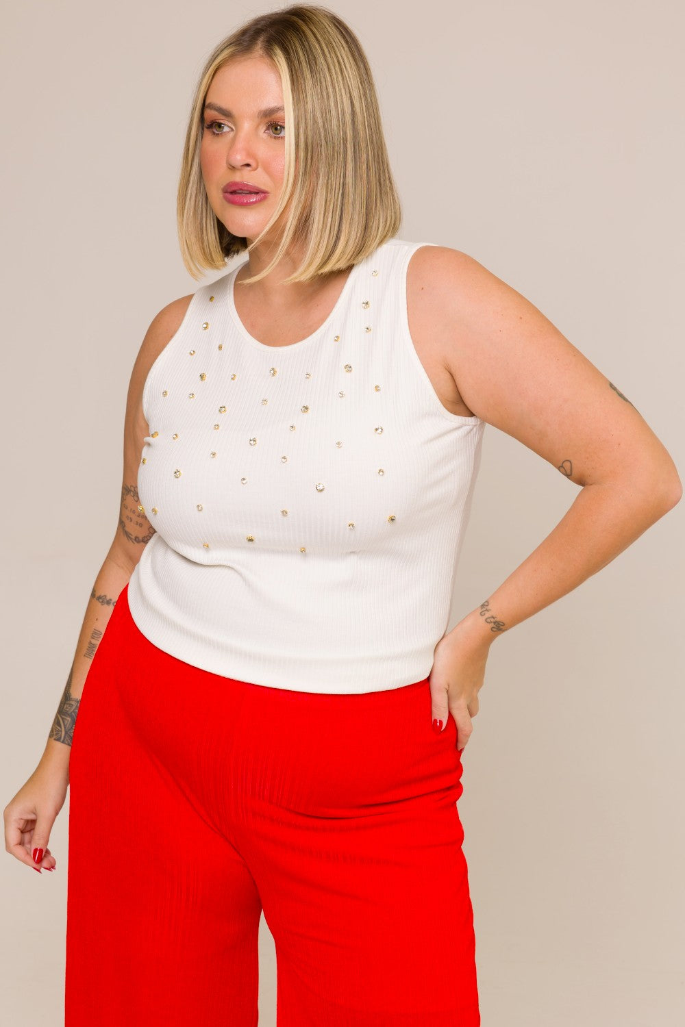 Regata Plus Size Canelado com Strass Júlia Branco Cess