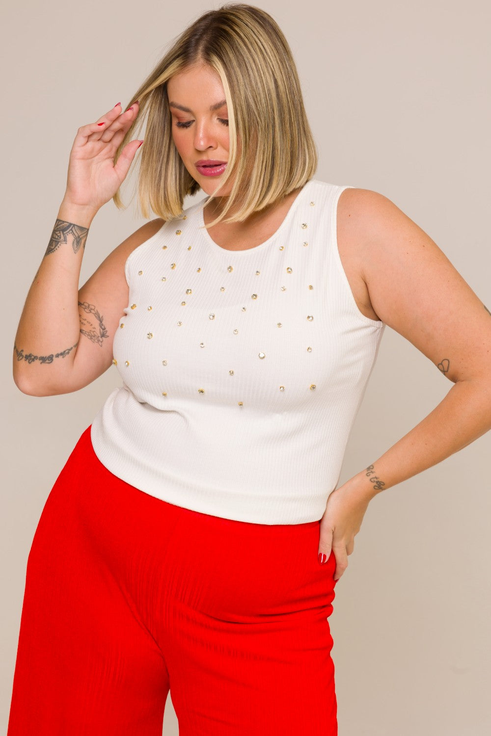 Regata Plus Size Canelado com Strass Júlia Branco Cess