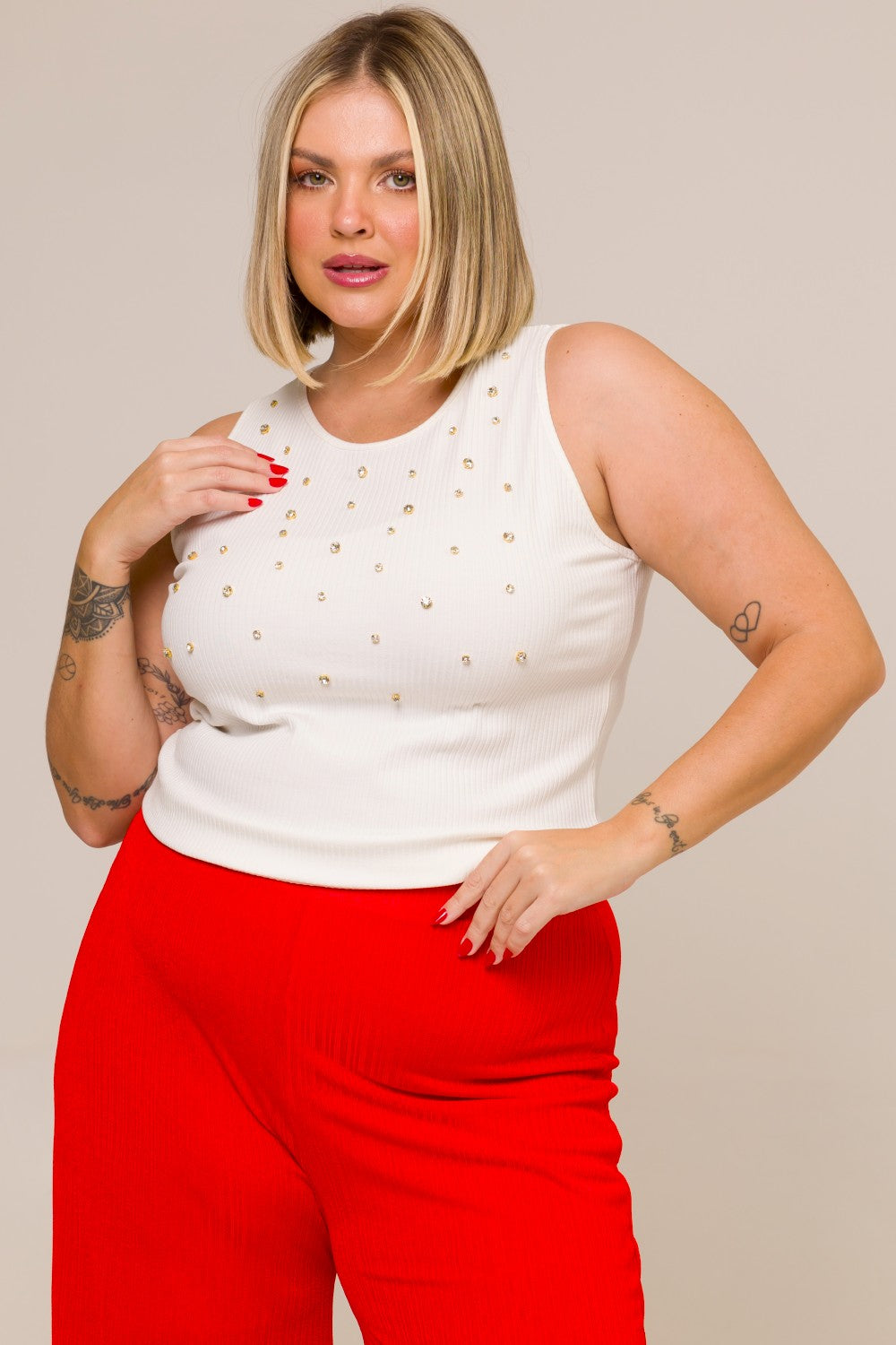 Regata Plus Size Canelado com Strass Júlia Branco Cess