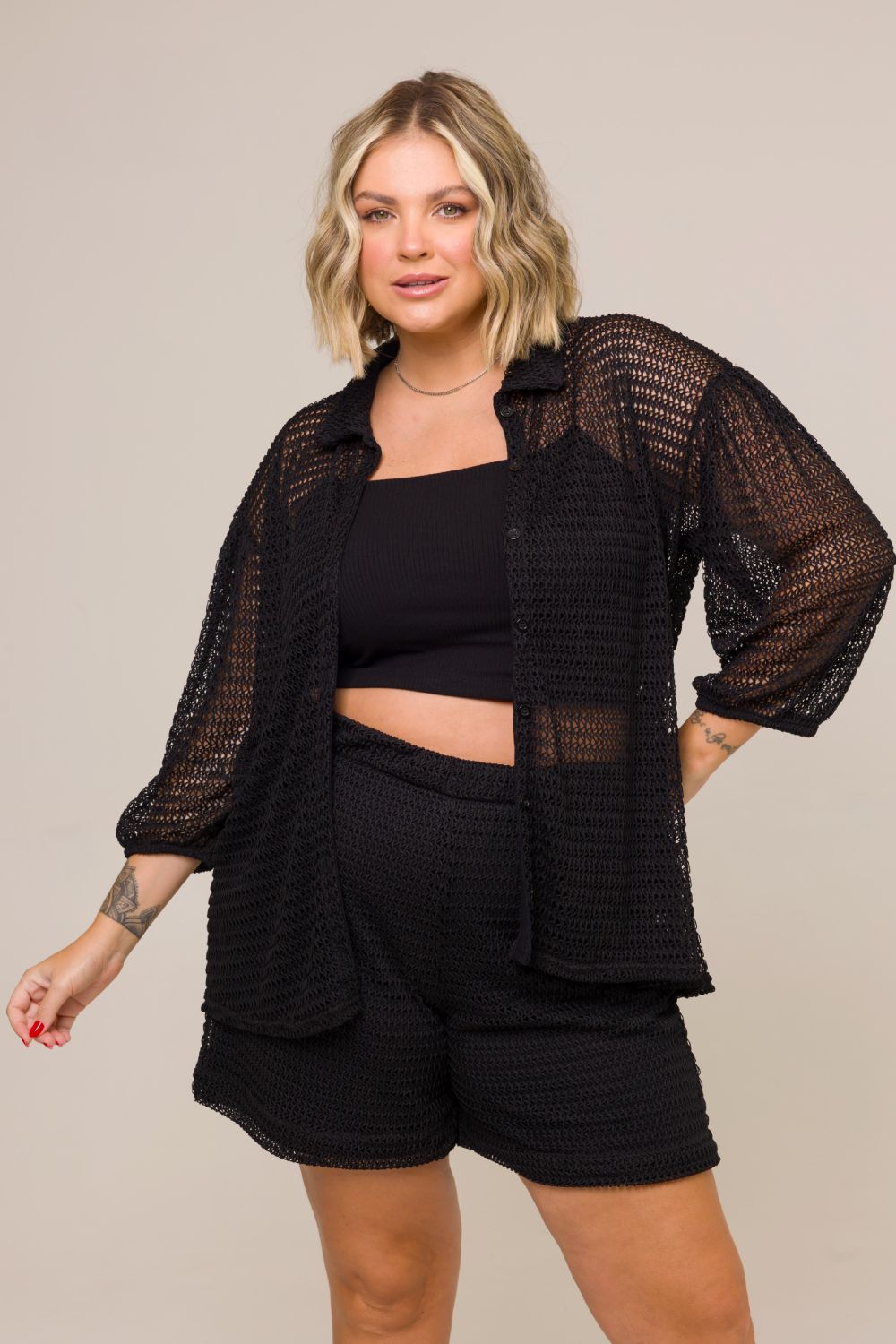 Camisa Plus Size Camélia Tricot Preto Cess