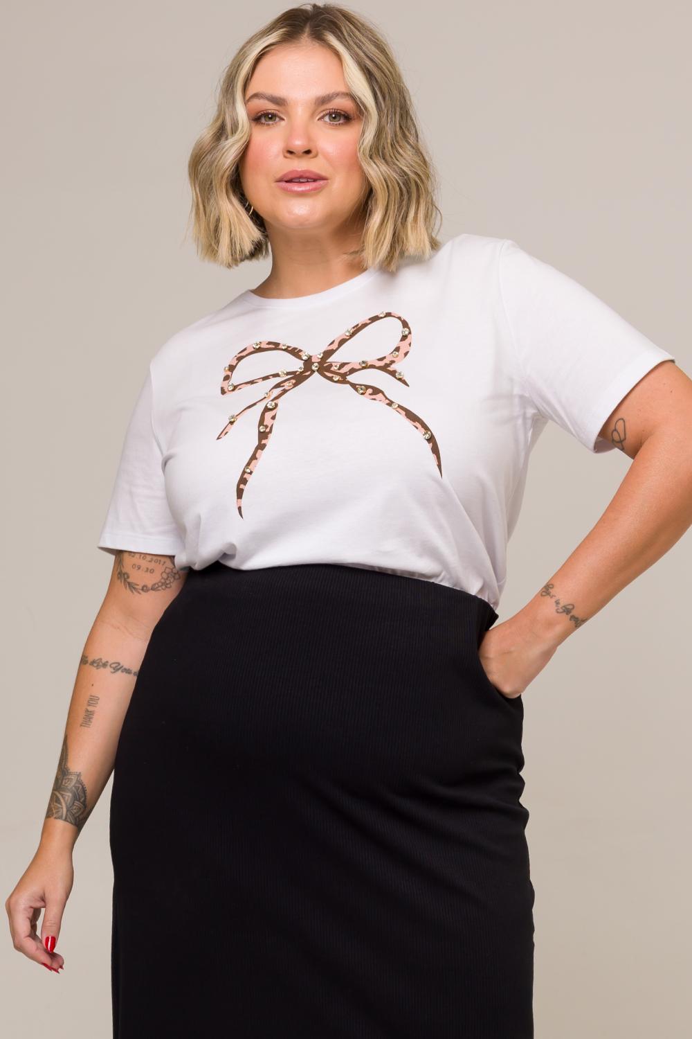 Blusa Plus Size Laço com Strass Melissa Branca Cess