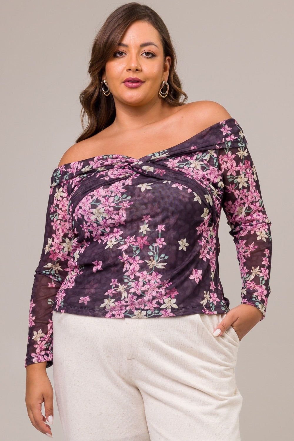 Blusa Manga 7/8 Plus Size Tule Estampado Ansellia Preto Cess