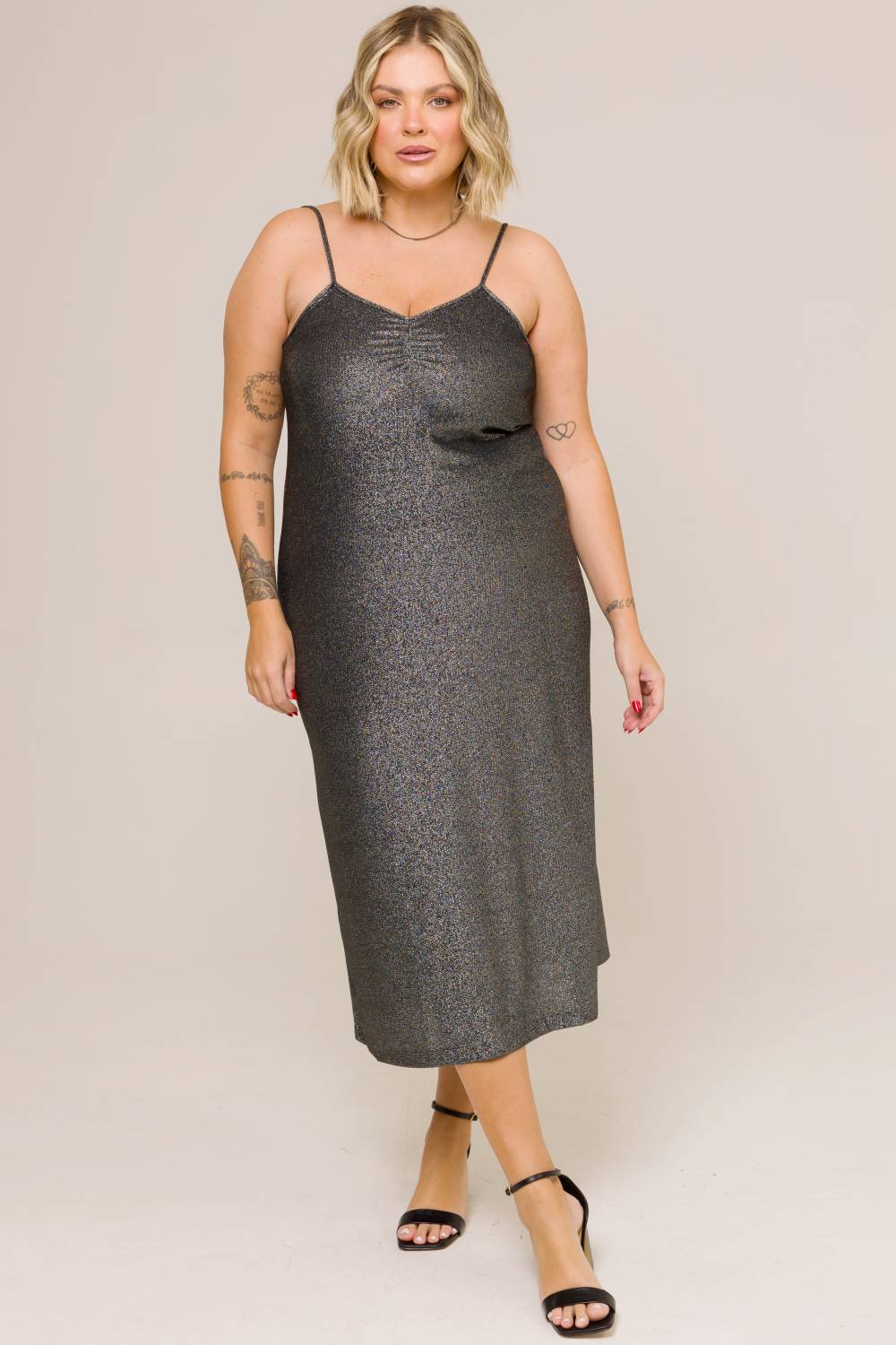 Vestido Midi Plus Size Jade em Lurex Prata Cess