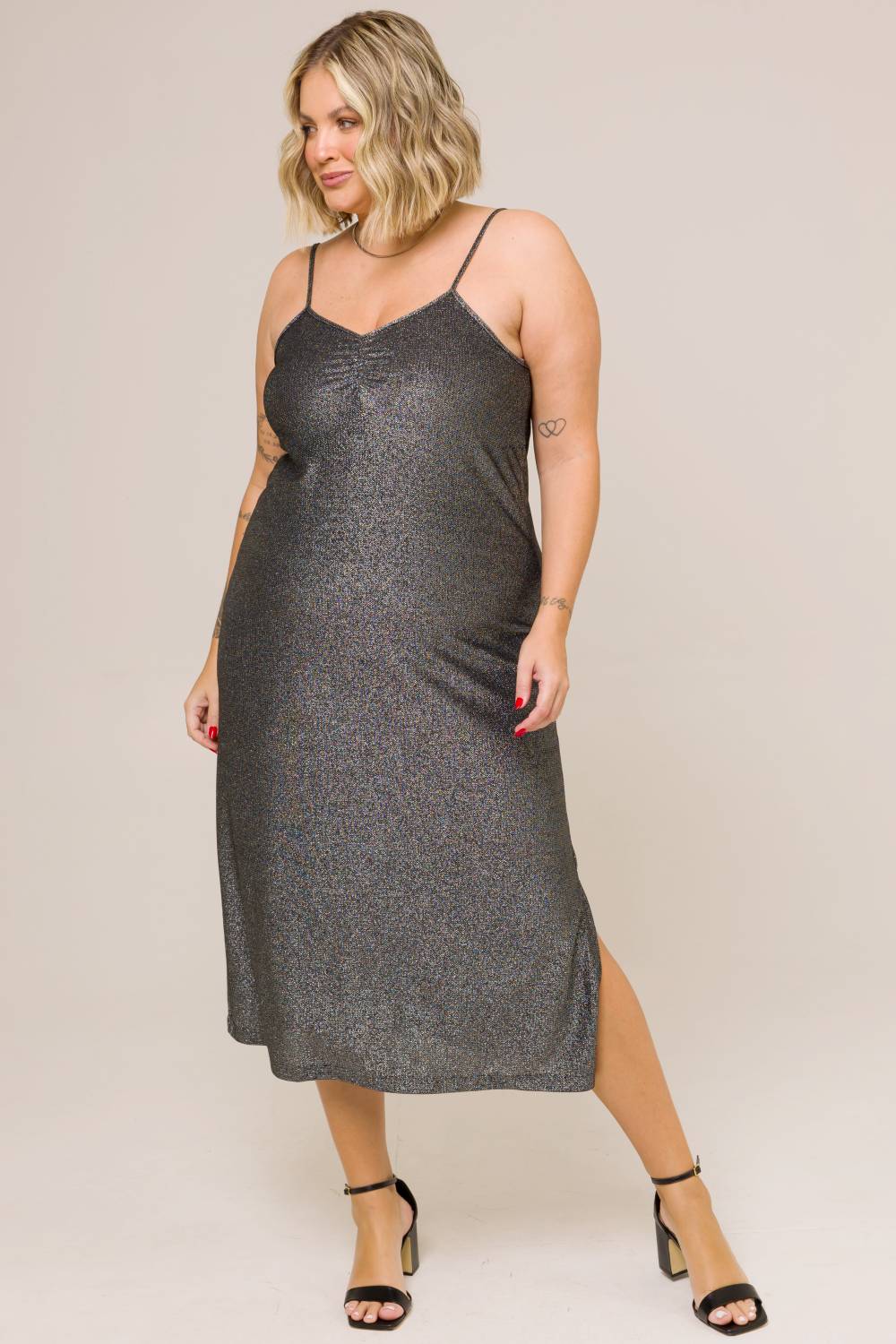 Vestido Midi Plus Size Jade em Lurex Prata Cess