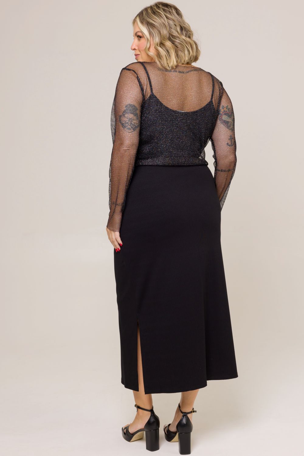 Saia Midi Plus Size Alice Canelado Preto Cess