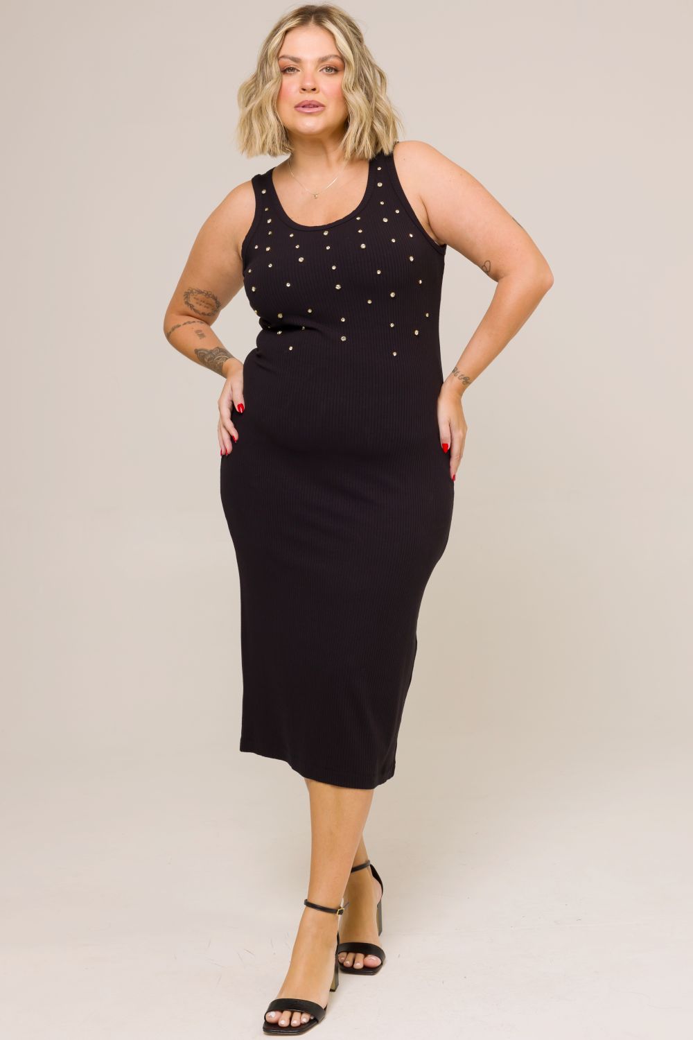 Vestido Midi Plus Size Canelado com Strass Mirella Preto Cess