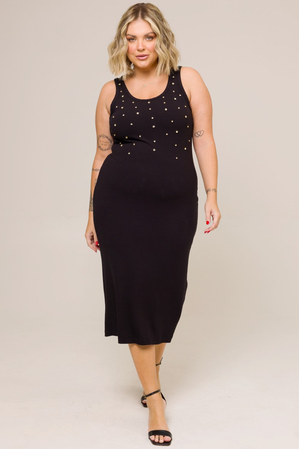 Vestido Midi Plus Size Canelado com Strass Mirella Preto Cess