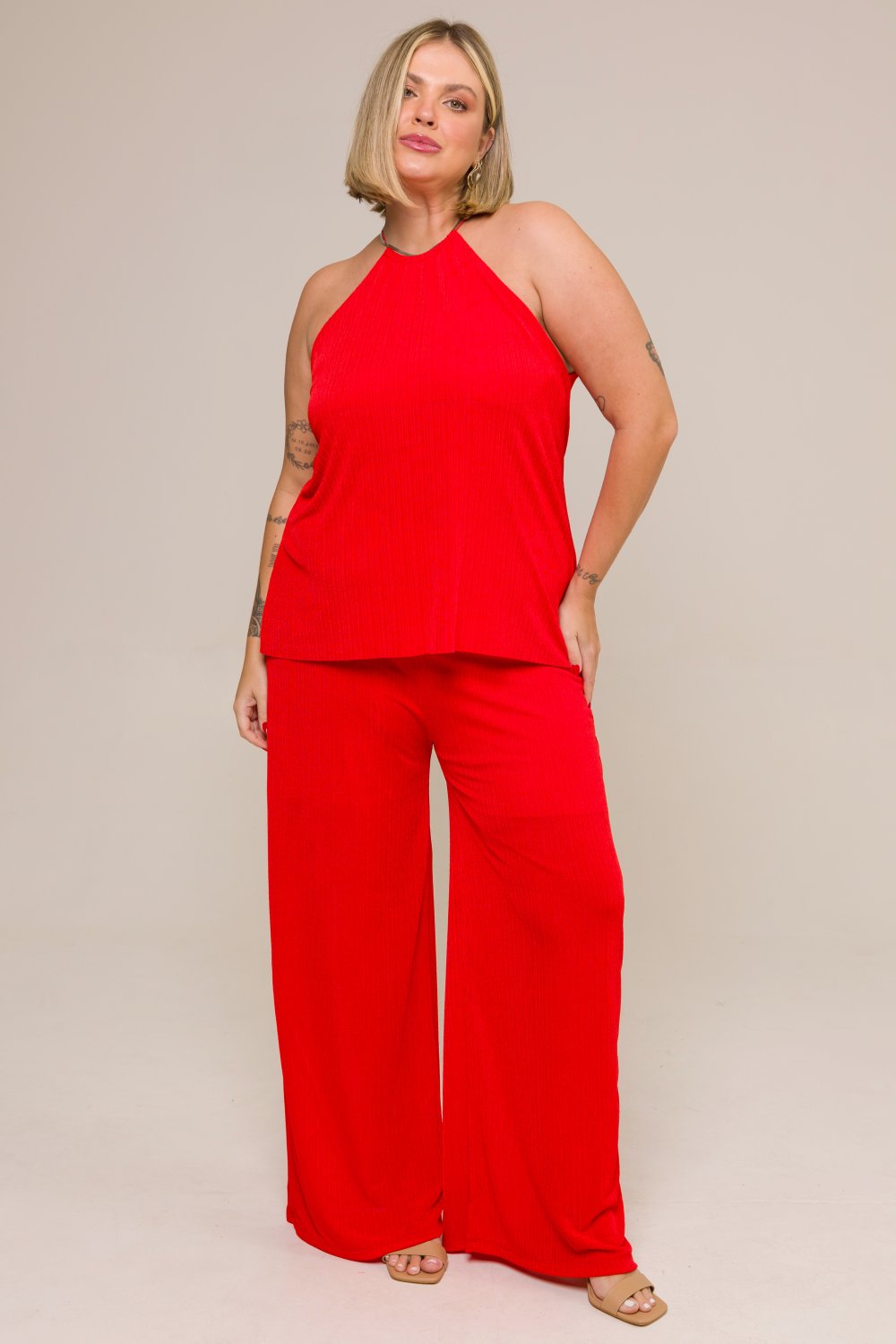 Calça Pantalona Plus Size Plissada Lais Vermelho Cess