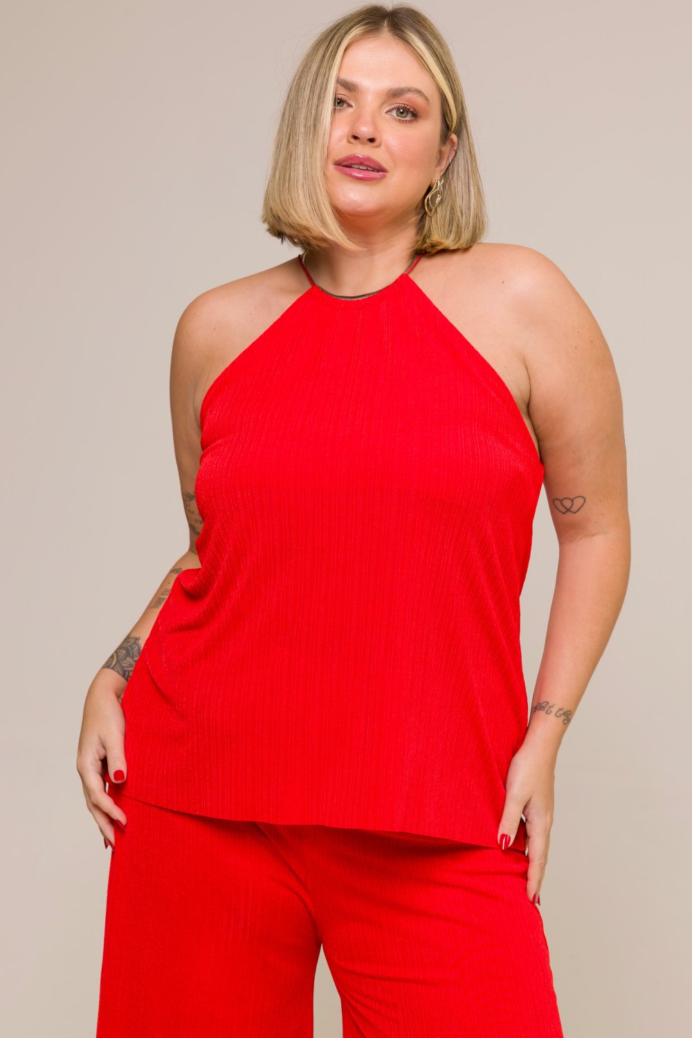 Blusa Regata Plus Size Plissada Lais Vermelho Cess