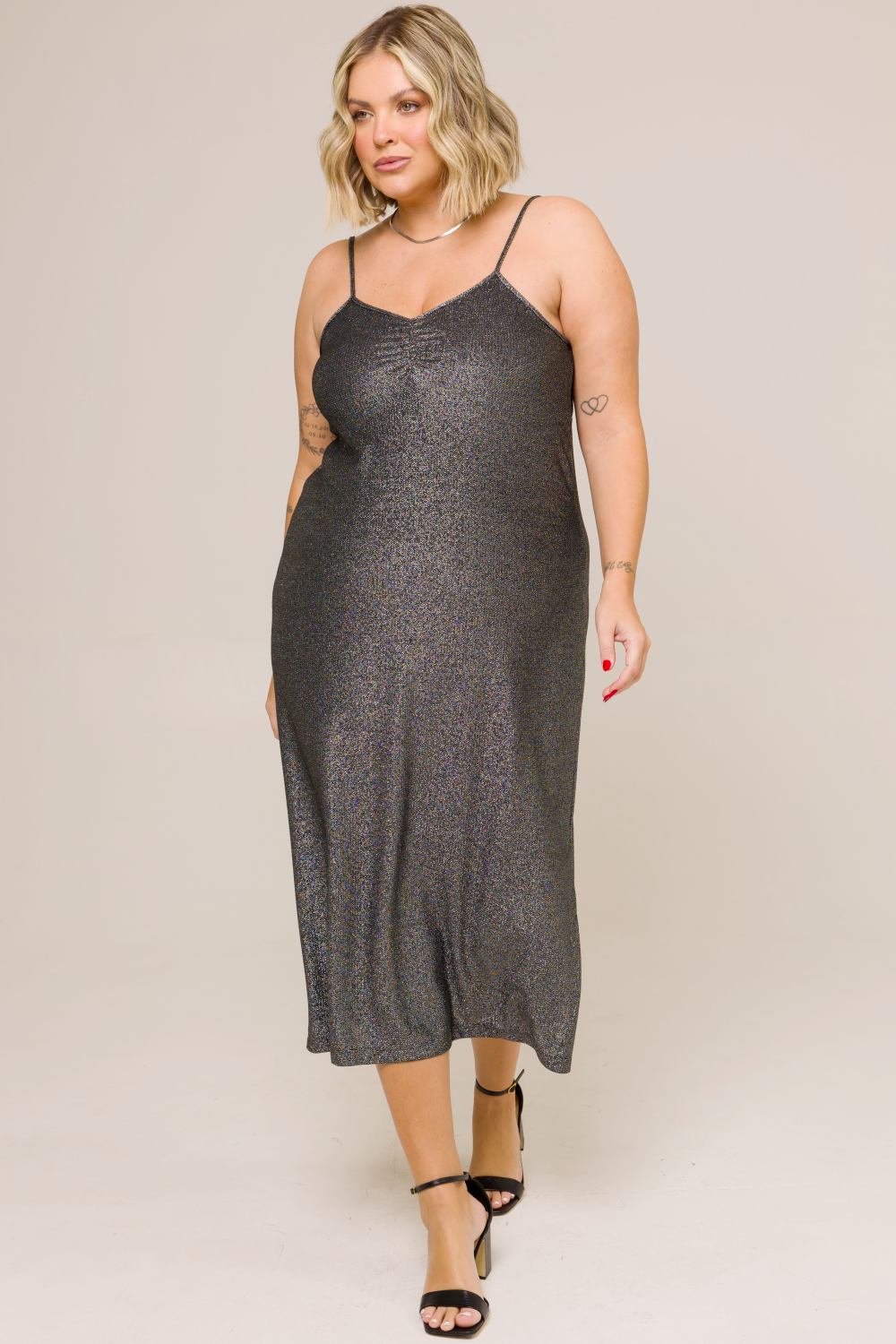 Vestido Midi Plus Size Jade em Lurex Prata Cess