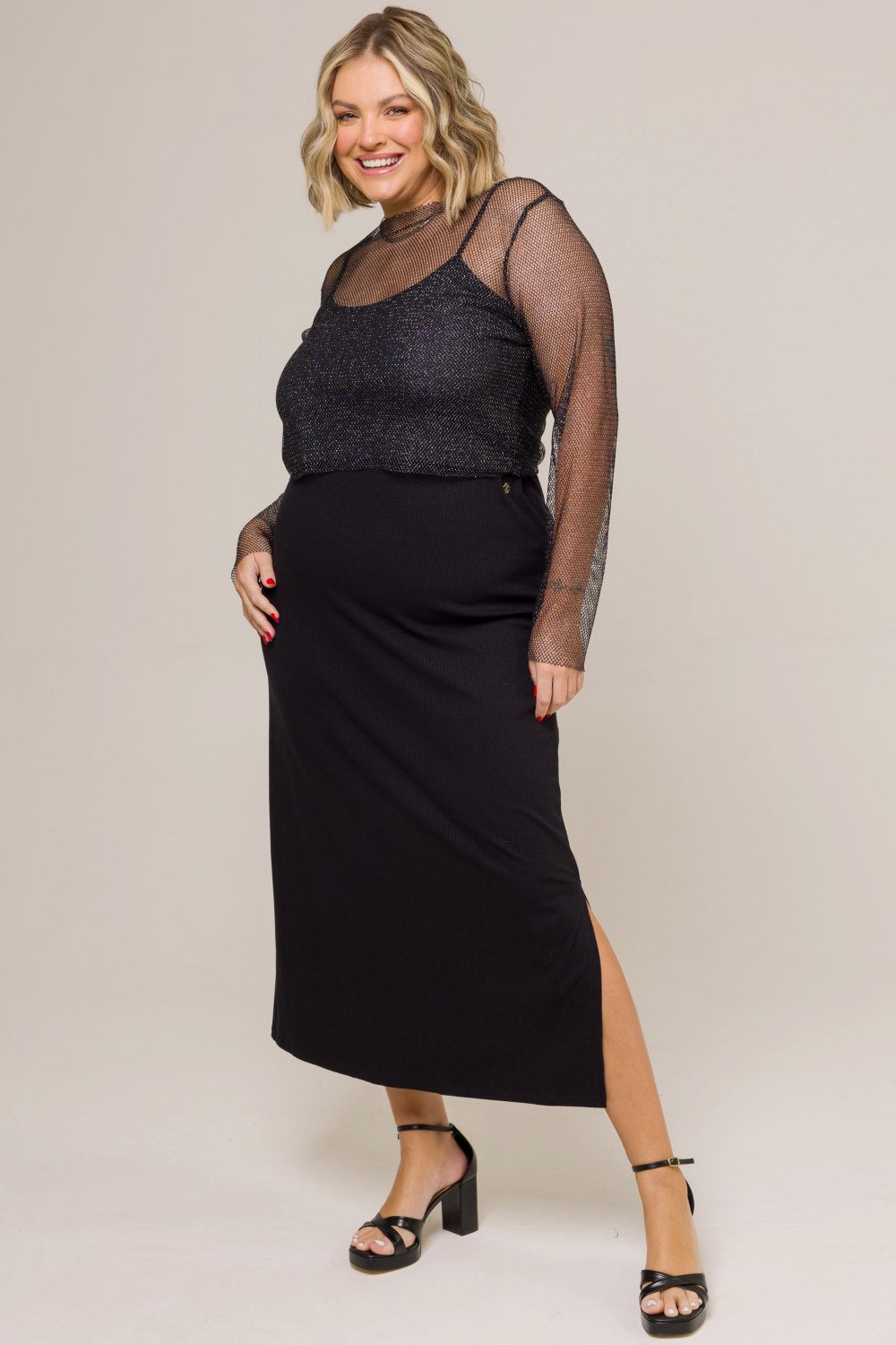 Saia Midi Plus Size Alice Canelado Preto Cess