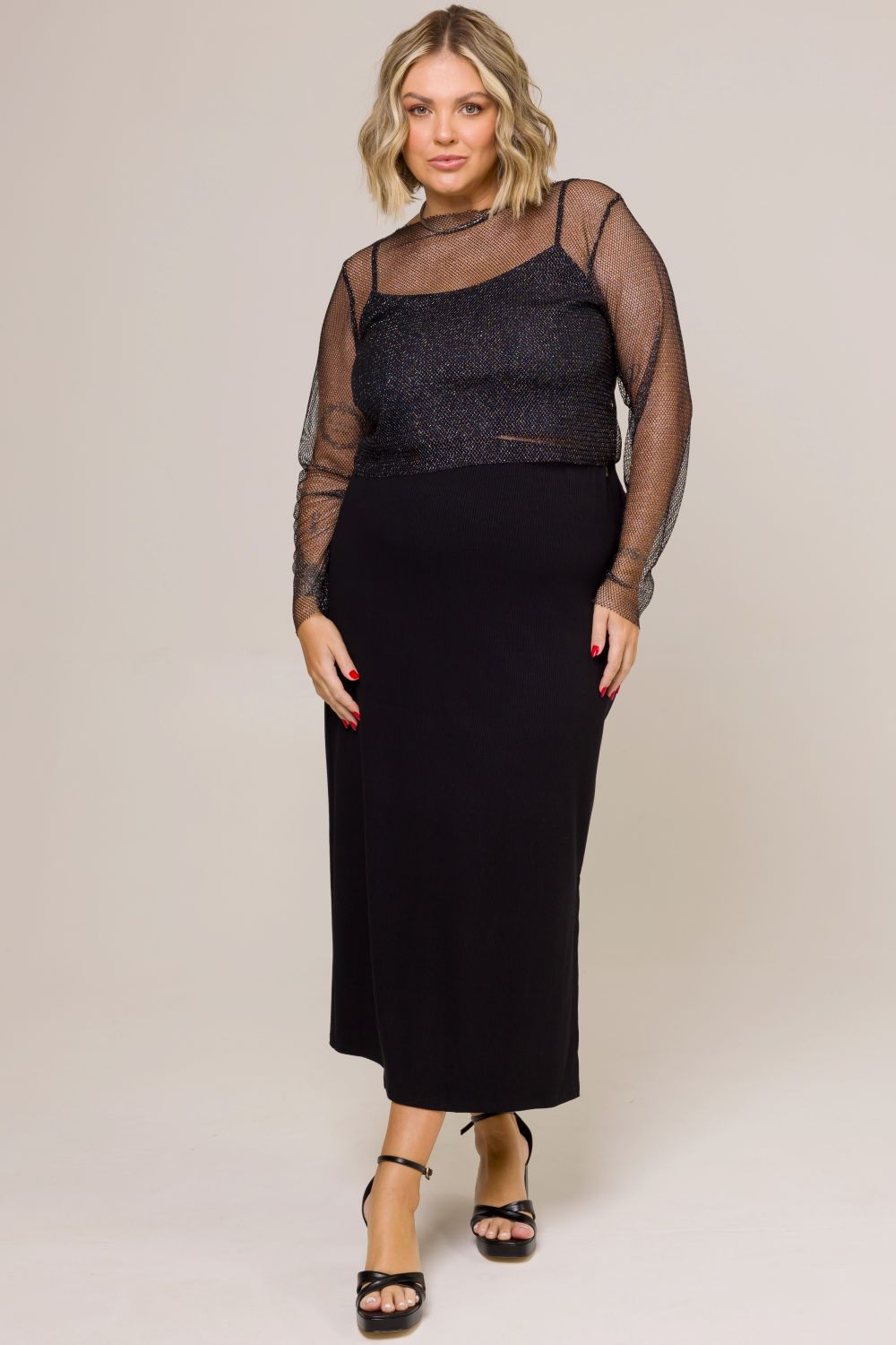 Saia Midi Plus Size Alice Canelado Preto Cess