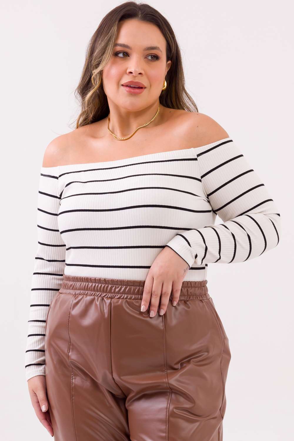 Blusa Ombro a Ombro Plus Size Ketrin Canelado Cess