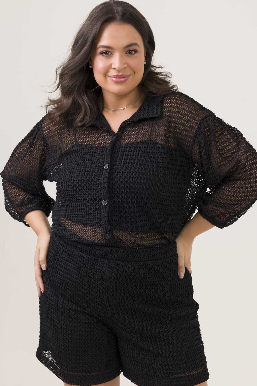 Camisa Plus Size Camélia Tricot Preto Cess