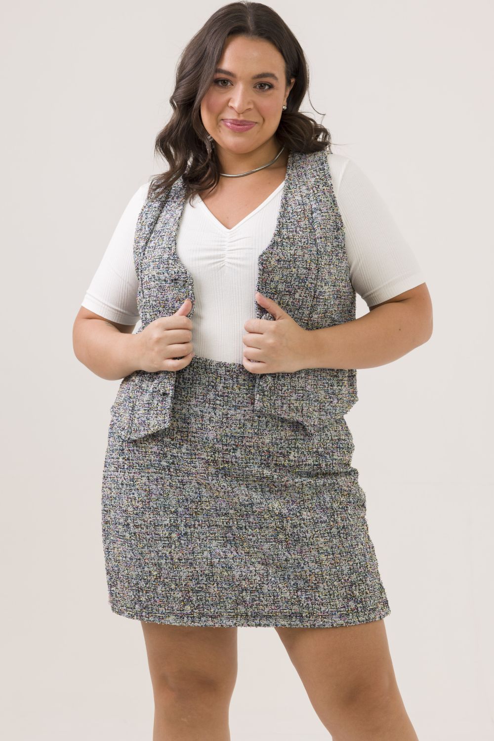 Shorts Saia Curto Plus Size Lavanda Tweed Cinza Cess