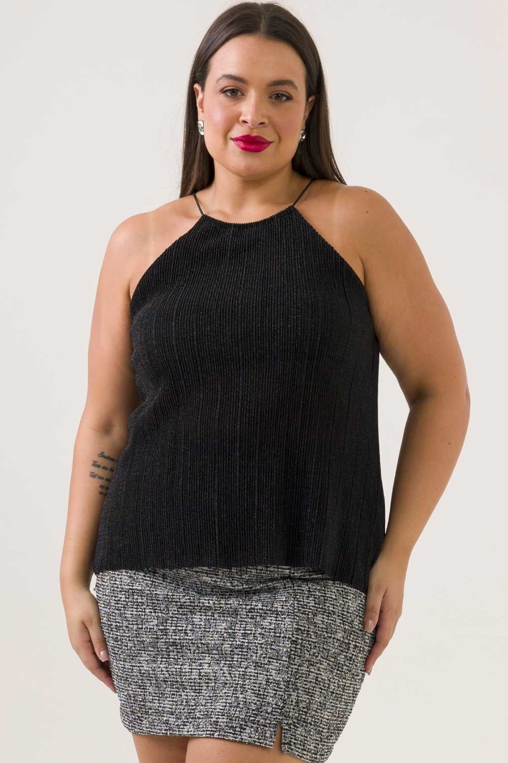 Blusa Regata Plissada Plus Size Petúnia Preta Cess