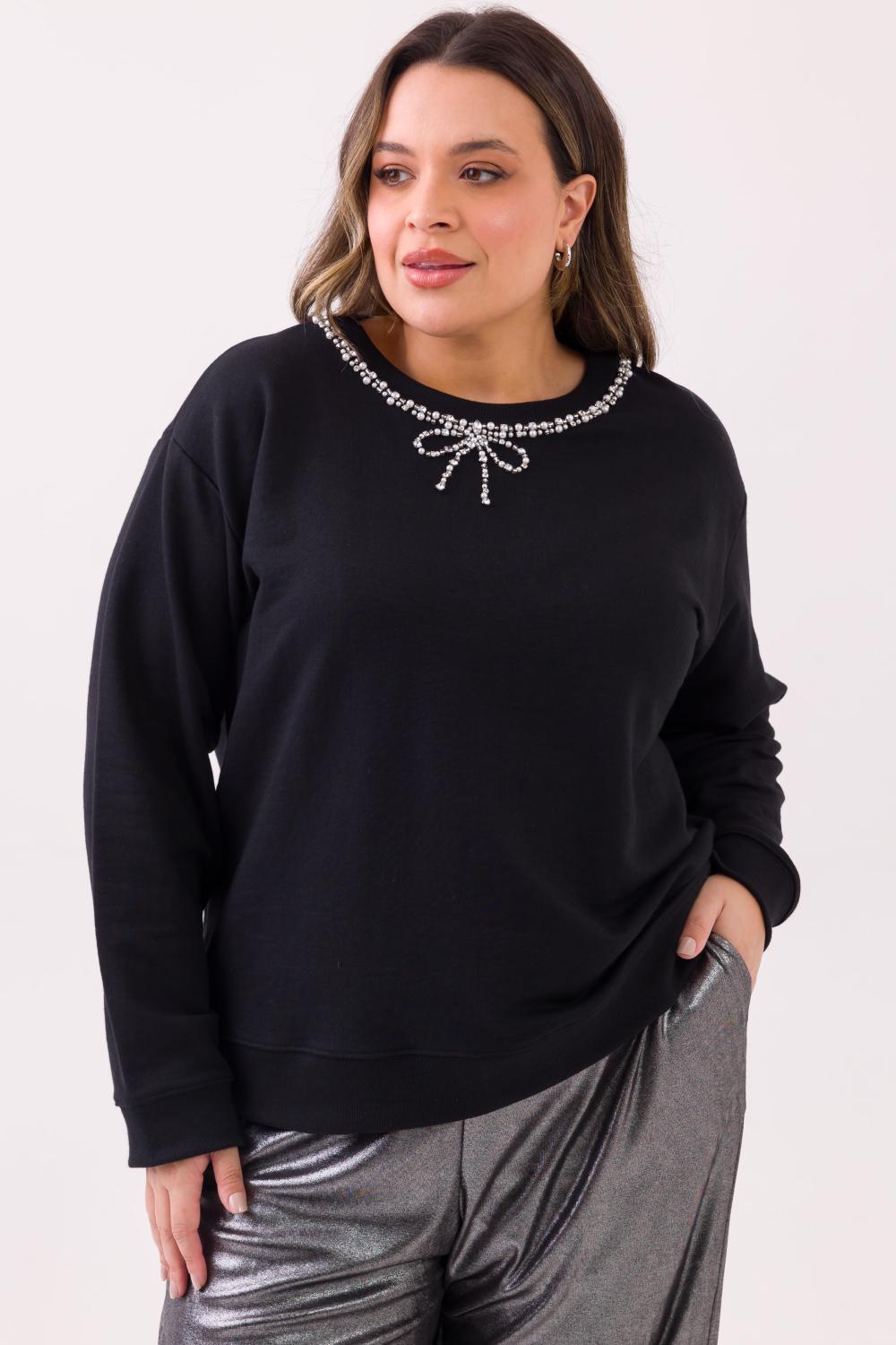 Casaco Plus Size Bordado Lindsay Moletom Preto Cess