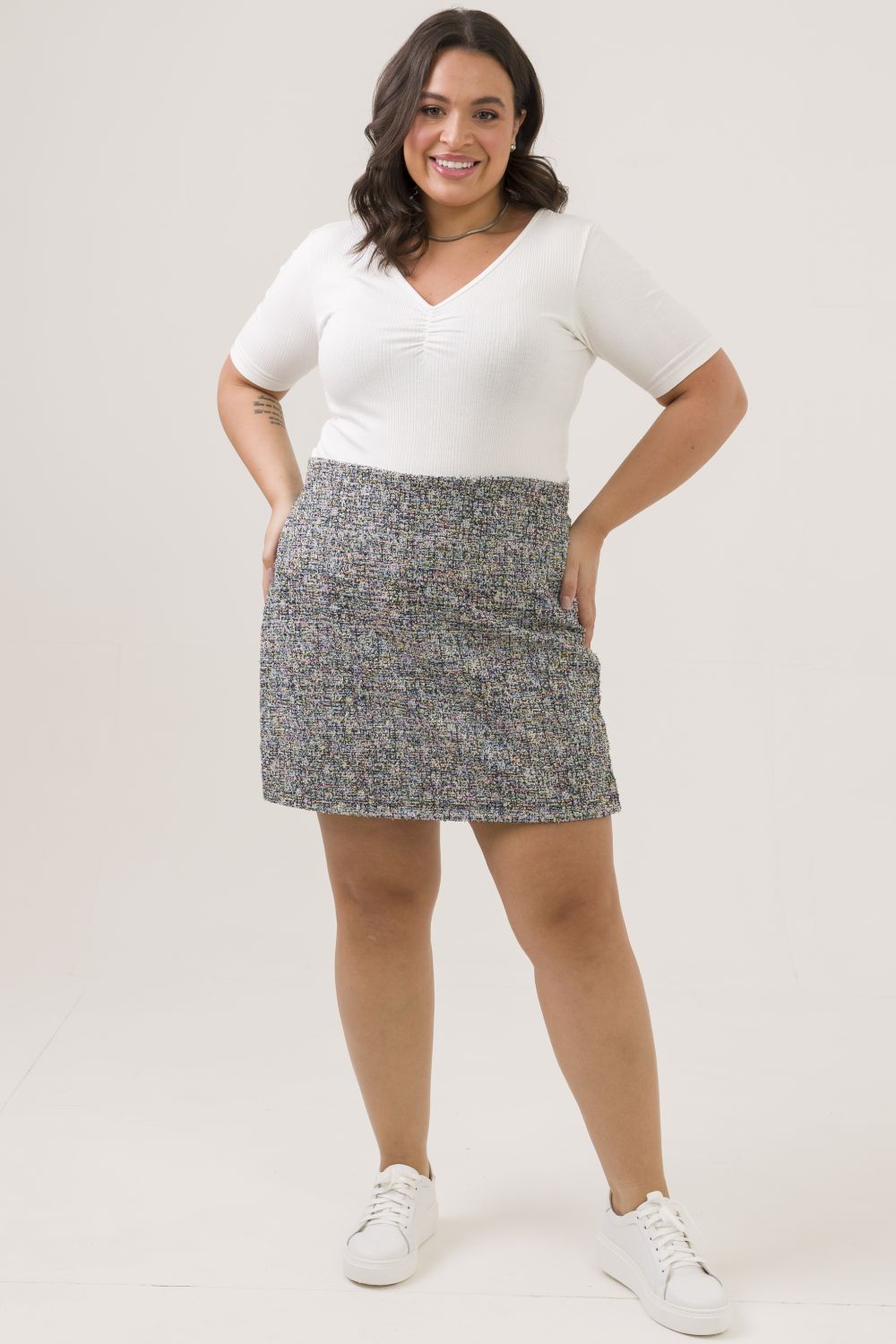 Shorts Saia Curto Plus Size Lavanda Tweed Cinza Cess