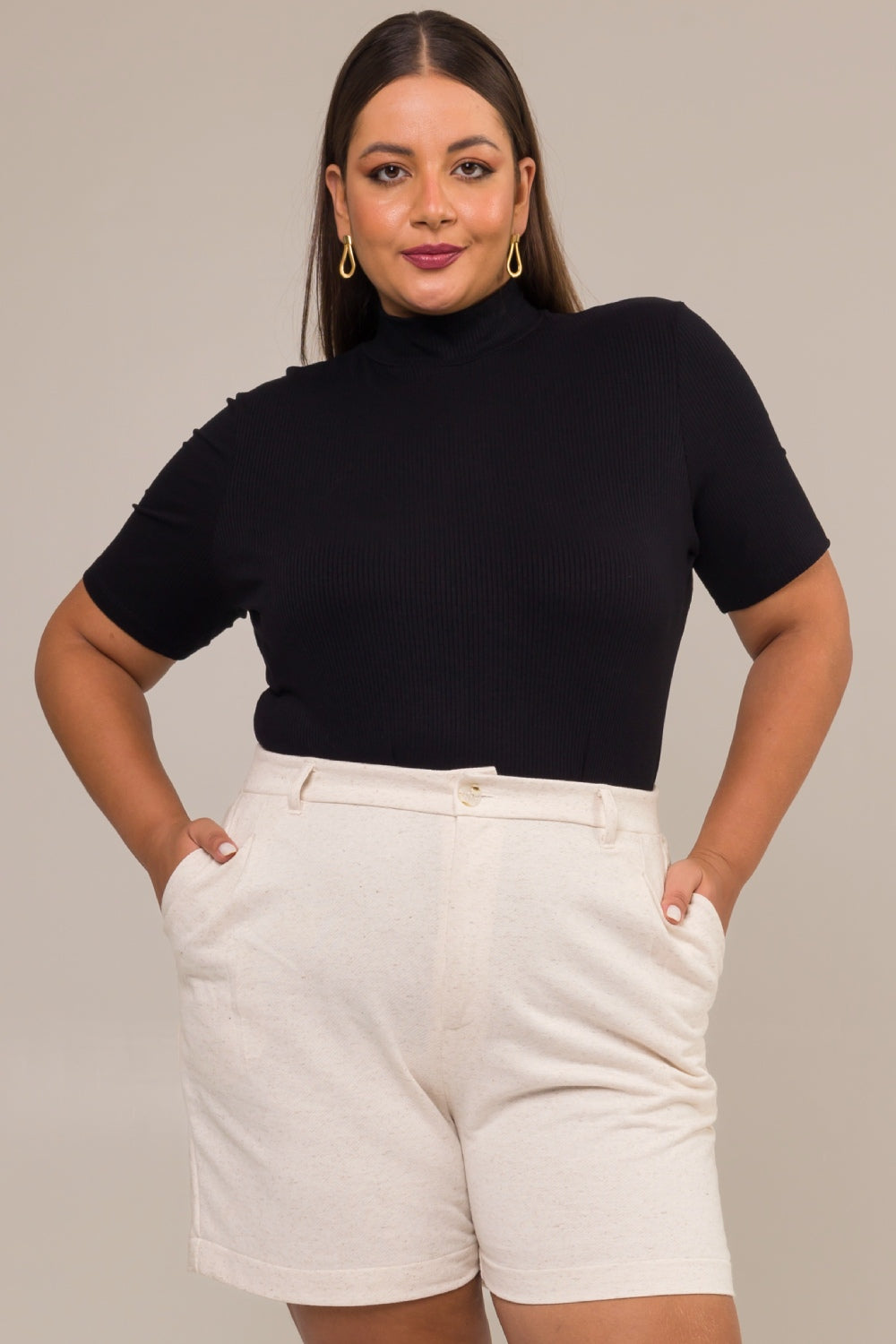 Blusa com Gola Alta Plus Size Canelada Rachel Preto Cess