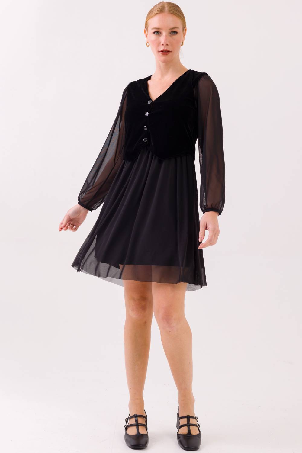 Vestido Curto Joane Tule e Colete Veludo Preto Cess