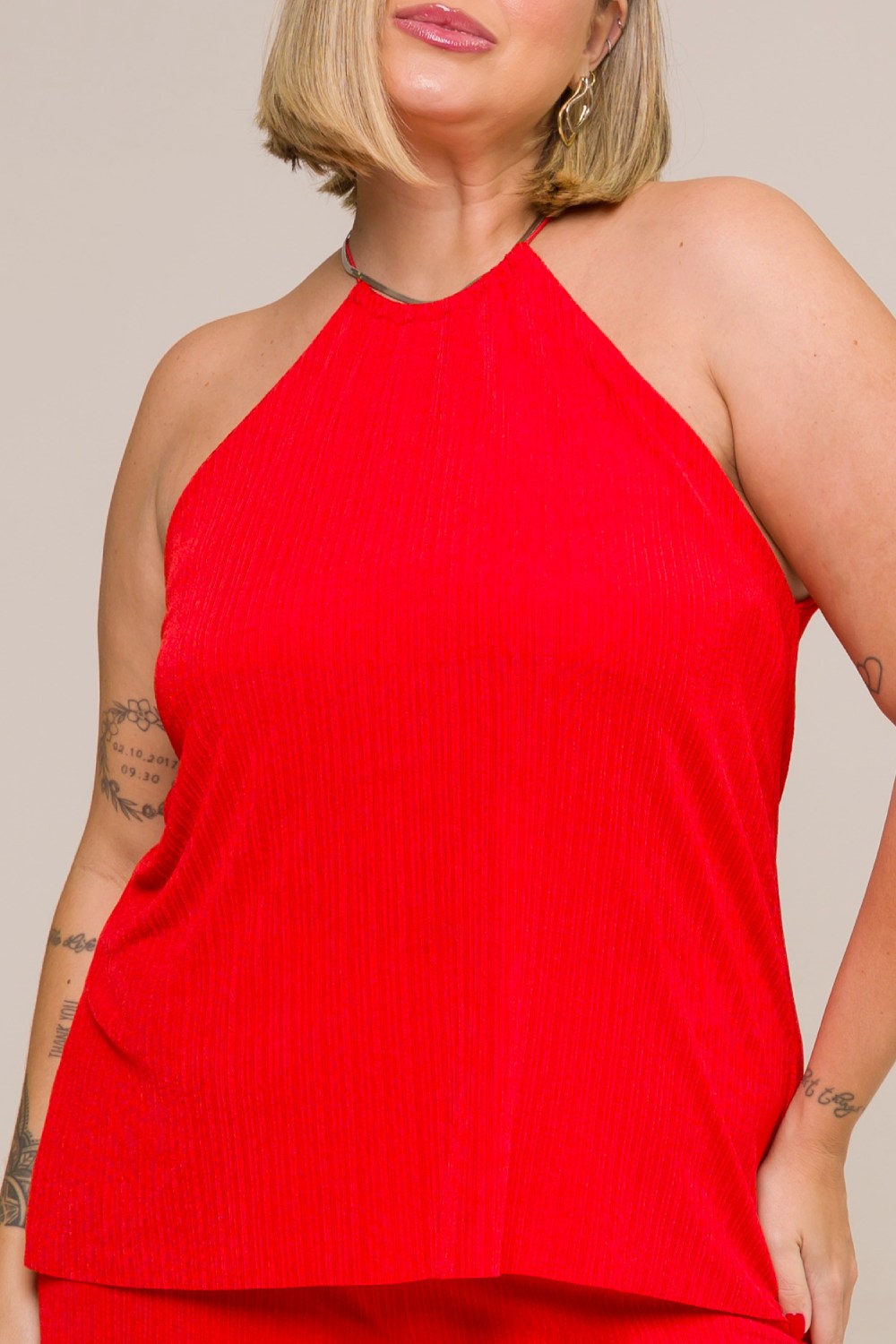 Blusa Regata Plus Size Plissada Lais Vermelho Cess