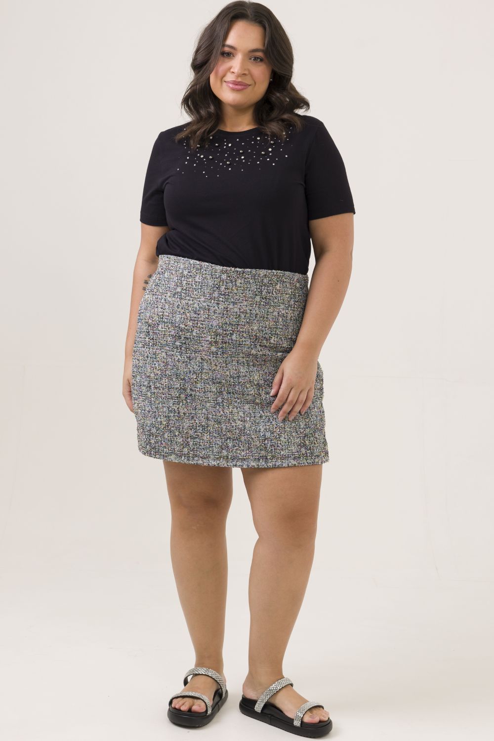 Shorts Saia Curto Plus Size Lavanda Tweed Cinza Cess