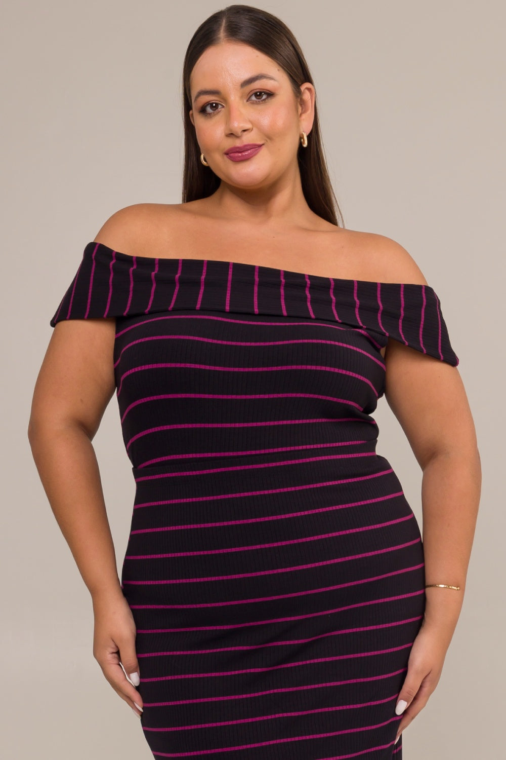 Blusa Plus Size Ombro a Ombro Canelada Diana Listrada Roxo Cess